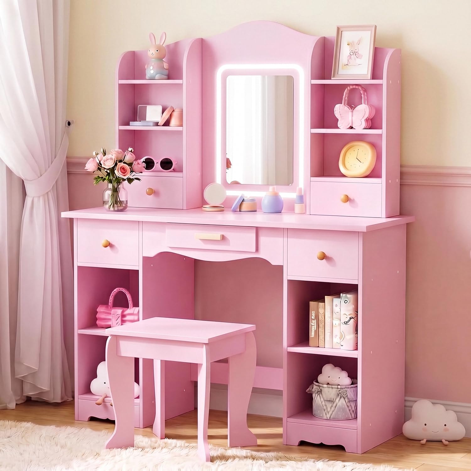 子供用バニティテーブル、3色ライト付き、大容量収納、鏡、スツ - Dressing Table Vanity With Lighted Mirror のレビューと価格