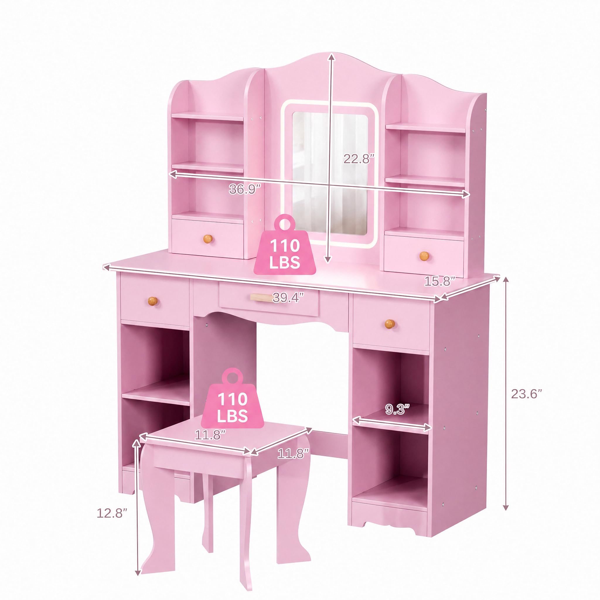 子供用バニティテーブル、3色ライト付き、大容量収納、鏡、スツ - Dressing Table Vanity With Lighted Mirror のレビューと価格