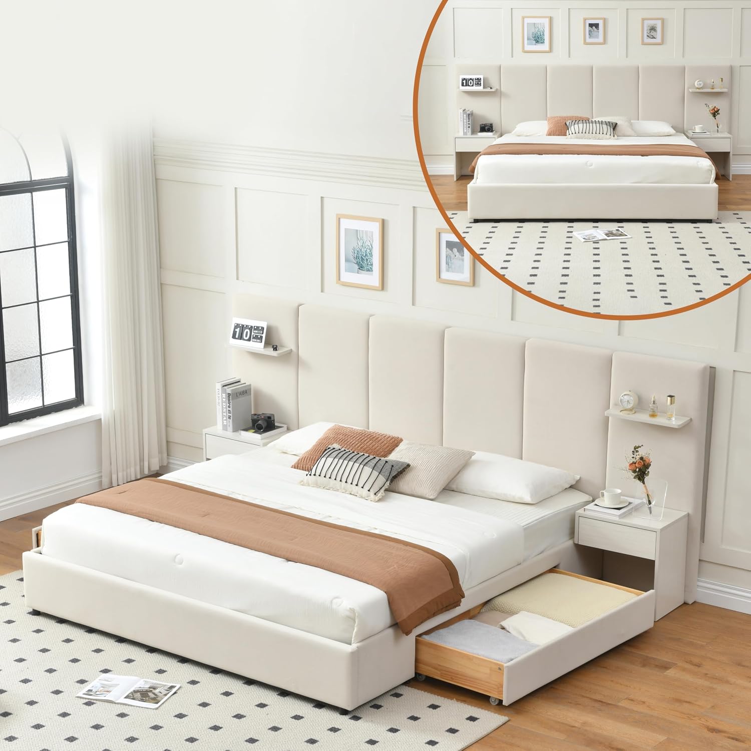 キングサイズベッドフレーム、収納付き、内蔵ナイトスタンドと引 - King Size Bed Frame With Storage Drawers のレビューと価格