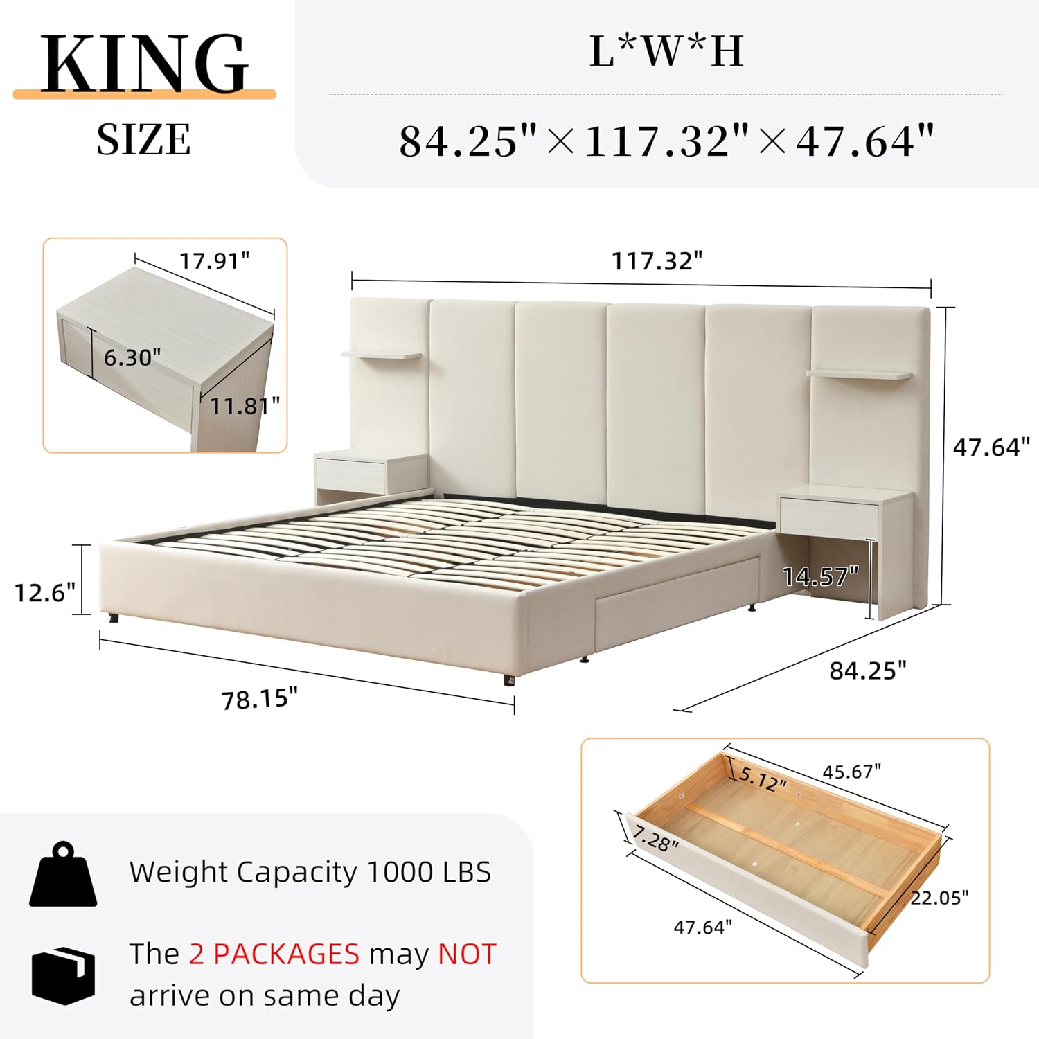 キングサイズベッドフレーム、収納付き、内蔵ナイトスタンドと引 - King Size Bed Frame With Storage Drawers のレビューと価格
