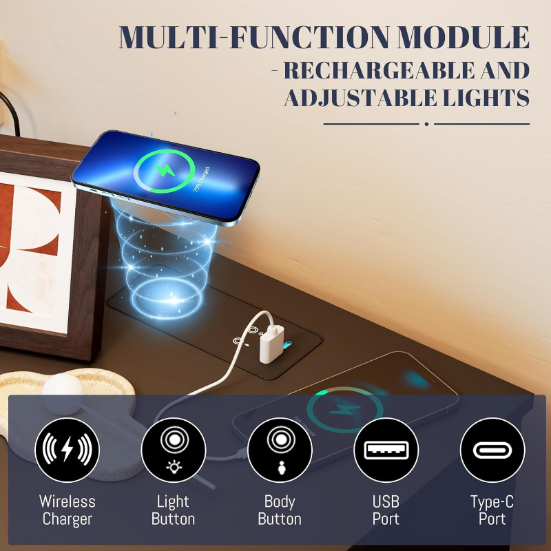 引き出し付きナイトスタンド、USB＆Type-Cポート付き充 - Solid Wood Nightstand 2 Drawers のレビューと価格