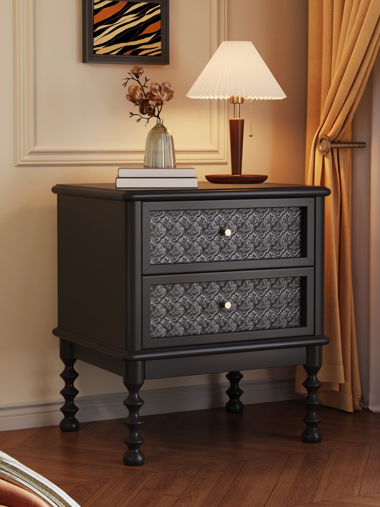 ヴィンテージナイトスタンドプリントガラス無垢材家具ホームリビ - Solid Wood Nightstand 2 Drawers のレビューと価格