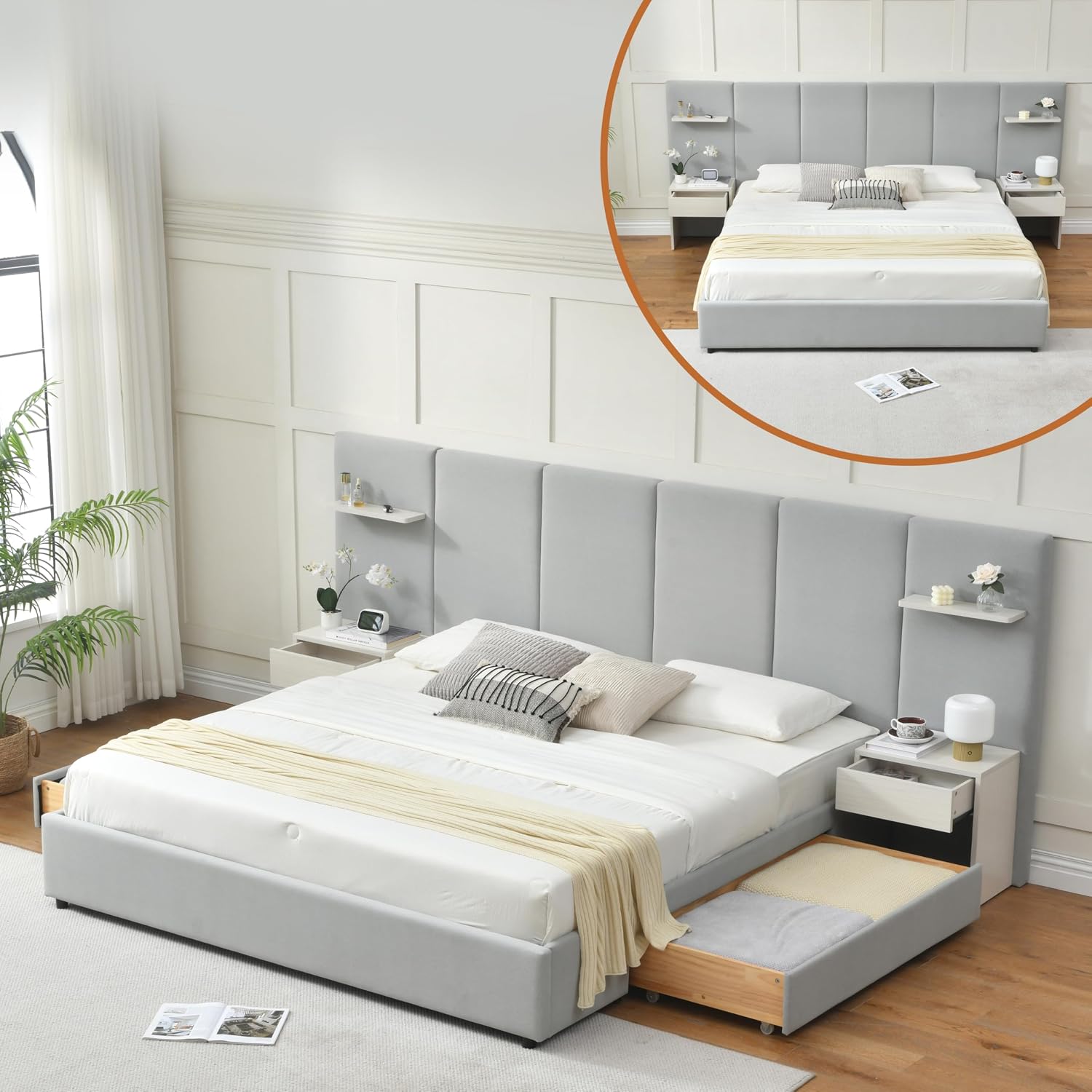 キングサイズベッドフレーム、収納付き、内蔵ナイトスタンドと引 - King Size Bed Frame With Storage Drawers のレビューと価格