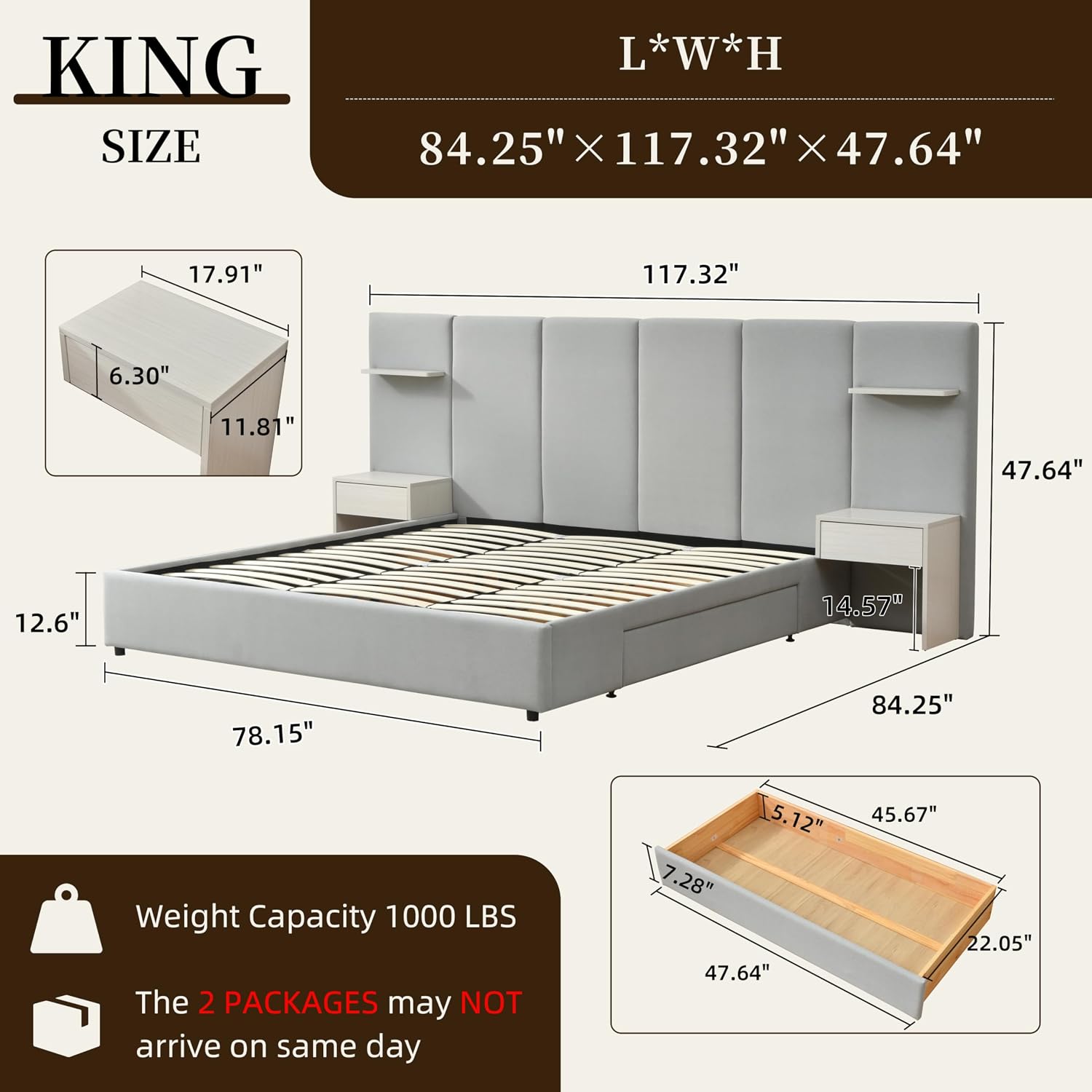 キングサイズベッドフレーム、収納付き、内蔵ナイトスタンドと引 - King Size Bed Frame With Storage Drawers のレビューと価格