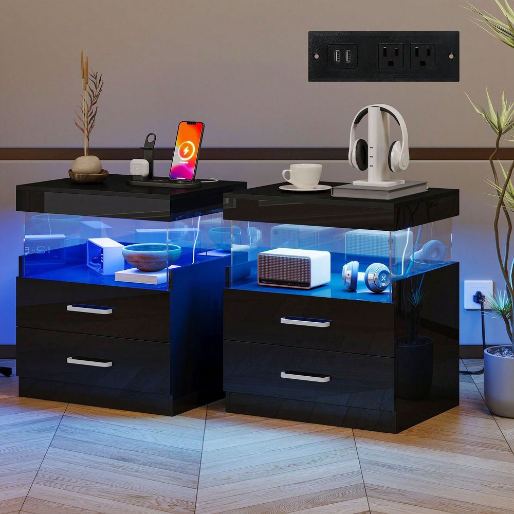 ブラックLEDエンドテーブルナイトスタンド（充電ステーション - Floating Nightstand With Led Light のレビューと価格