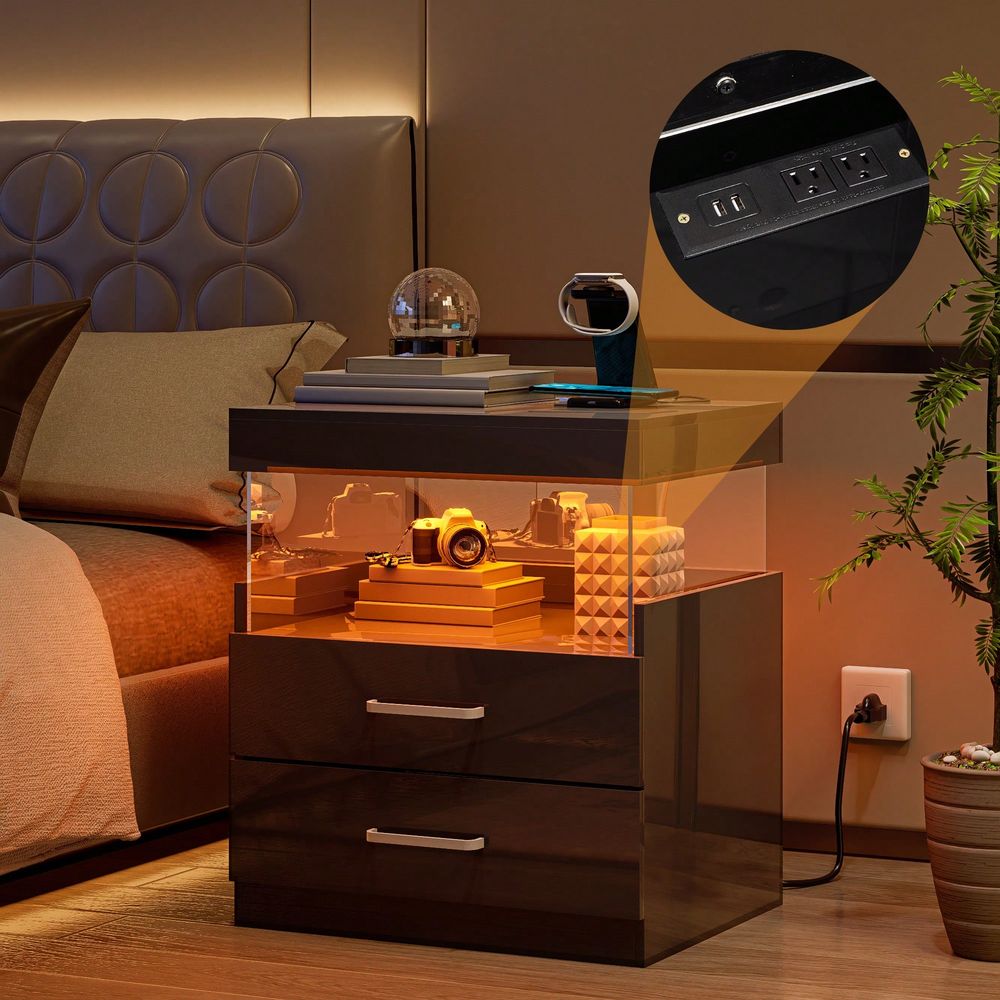 ブラックLEDエンドテーブルナイトスタンド（充電ステーション - Floating Nightstand With Led Light のレビューと価格
