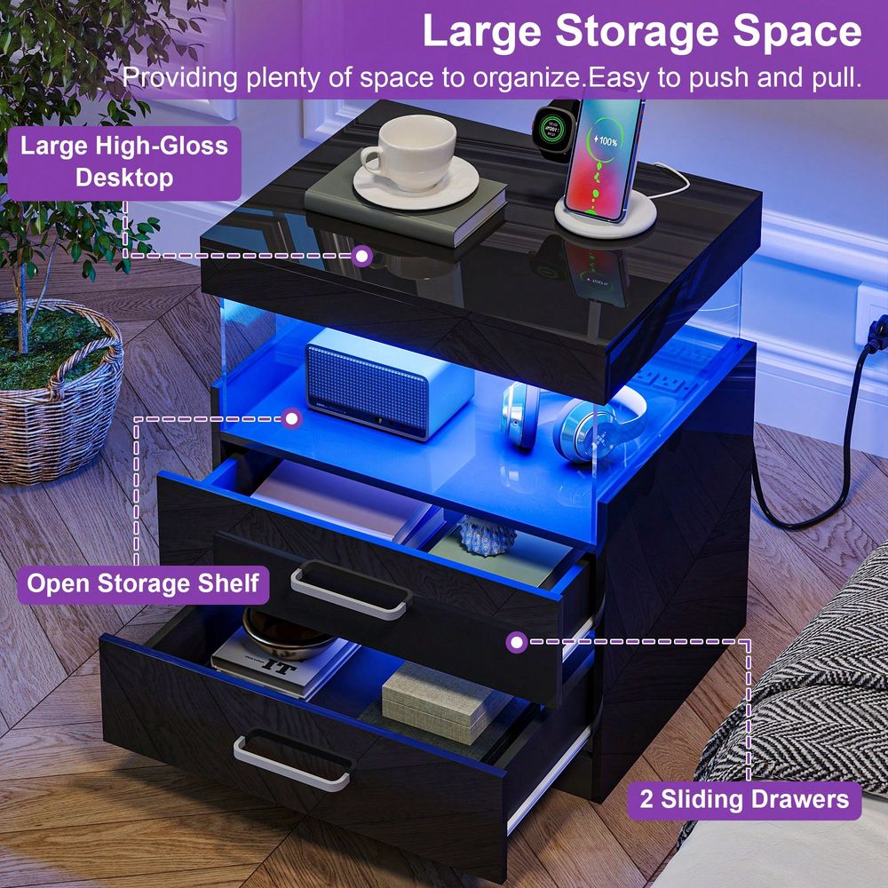 ブラックLEDエンドテーブルナイトスタンド（充電ステーション - Floating Nightstand With Led Light のレビューと価格