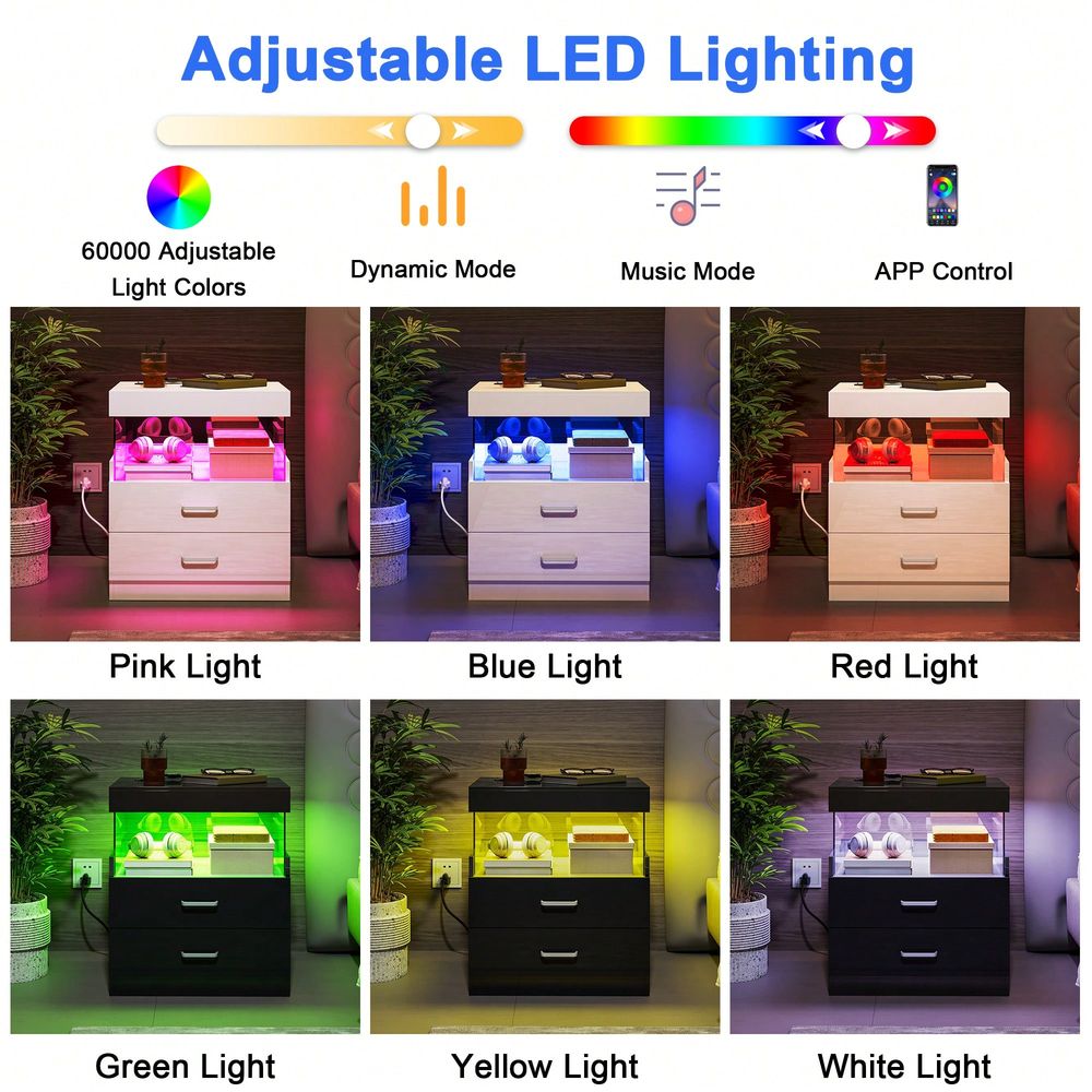 ブラックLEDエンドテーブルナイトスタンド（充電ステーション - Floating Nightstand With Led Light のレビューと価格