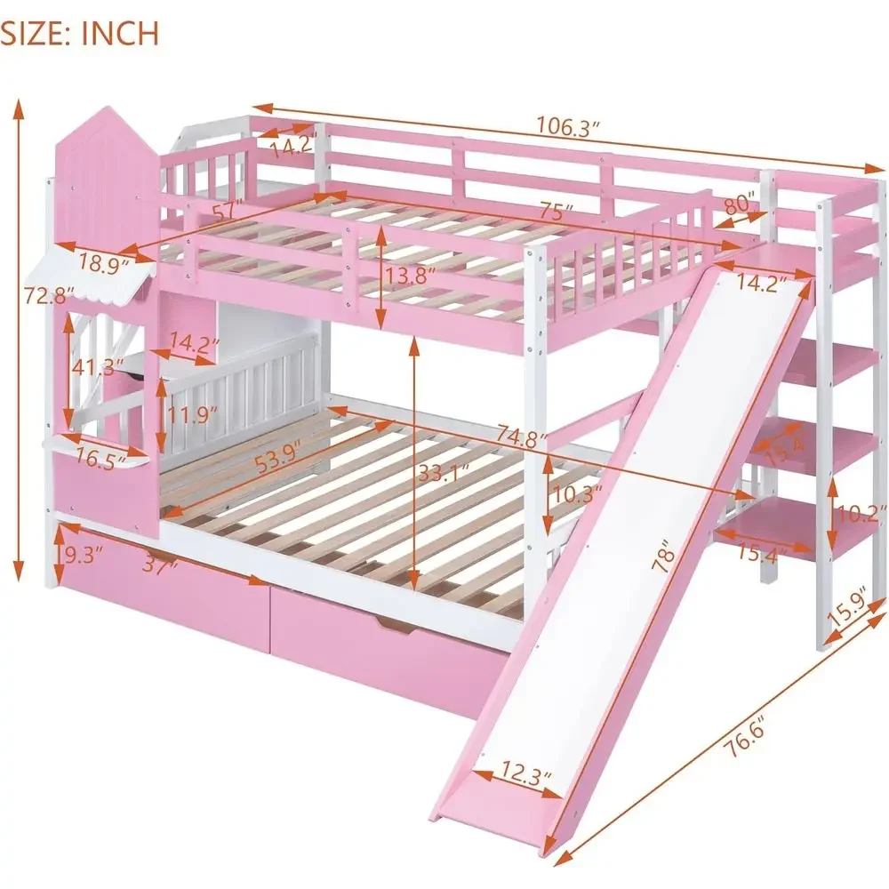 子供用二段ベッド 階段・滑り台・収納引き出し付き 城型 女の - Bunk Bed With Stairs And Slide のレビューと価格