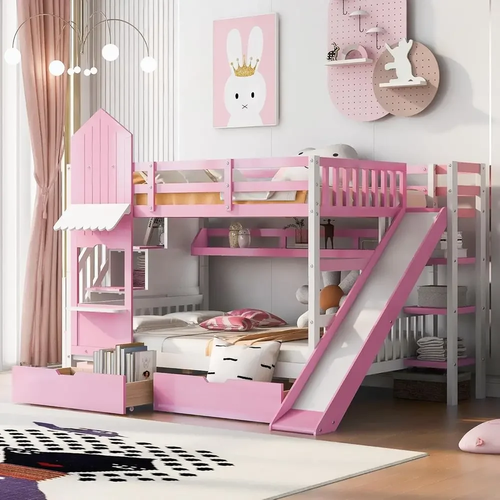 子供用二段ベッド 階段・滑り台・収納引き出し付き 城型 女の - Bunk Bed With Stairs And Slide のレビューと価格