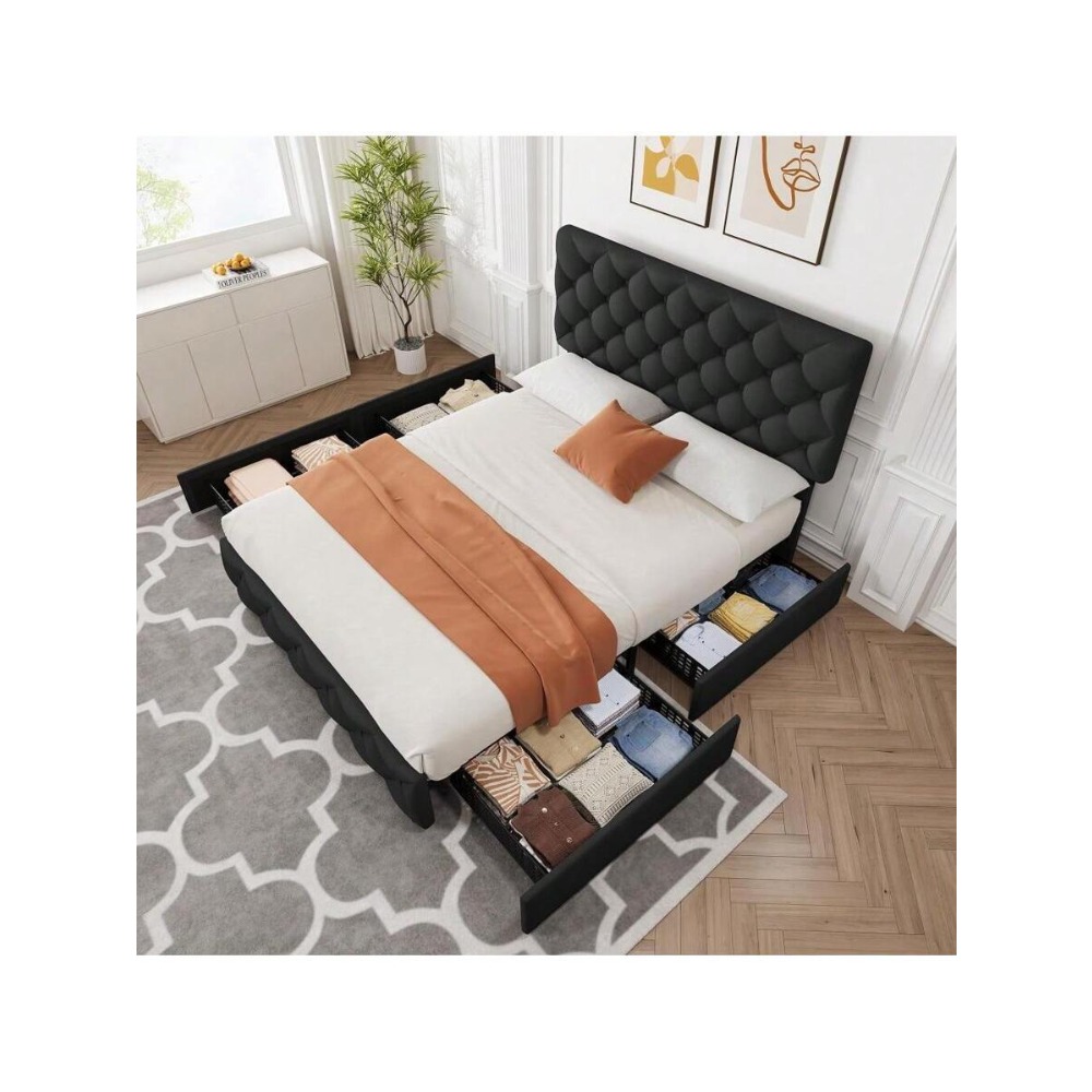 フルクイーンキングサイズベッドフレーム、4つの収納引き出しと - King Size Bed Frame With Storage Drawers のレビューと価格
