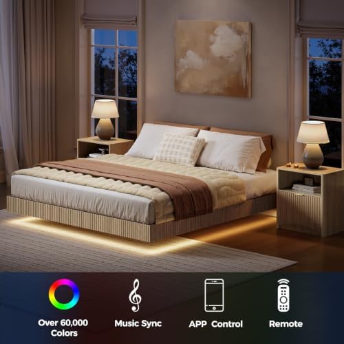 ベッドルームセット、クイーンサイズフローティングベッドフレー - Floating Nightstand With Led Light のレビューと価格