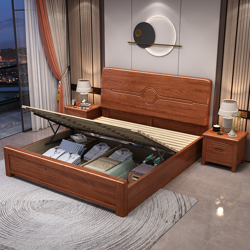ウォールナット無垢材ベッド シンプル ダブル ハイボックス収 - Gas Lift Storage Bed Hydraulic のレビューと価格