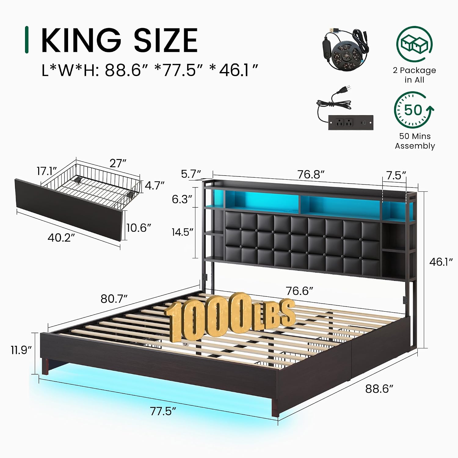 キングサイズ木製ベッドフレーム、収納引き出しとLEDヘッドボ - King Size Bed Frame With Storage Drawers のレビューと価格
