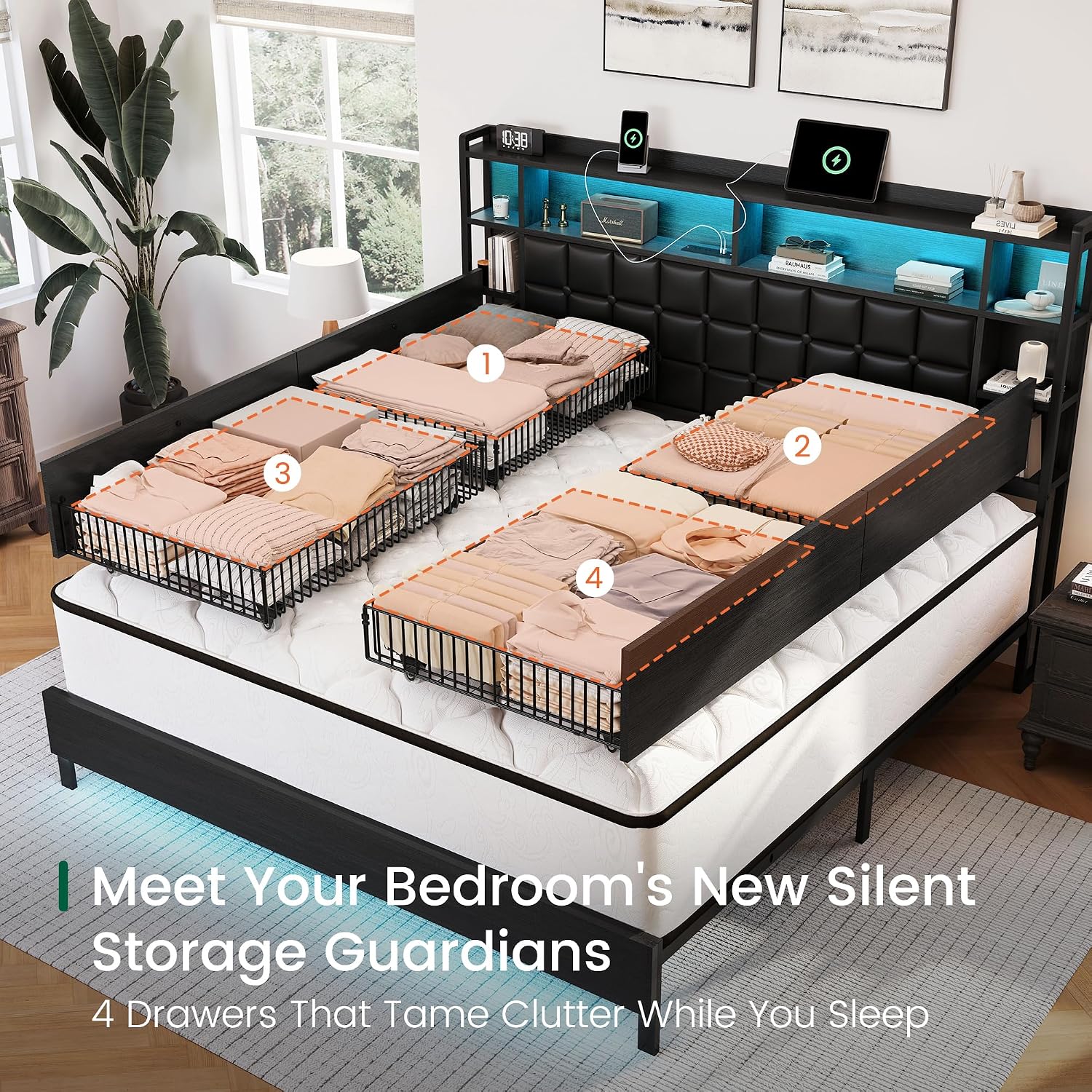 キングサイズ木製ベッドフレーム、収納引き出しとLEDヘッドボ - King Size Bed Frame With Storage Drawers のレビューと価格