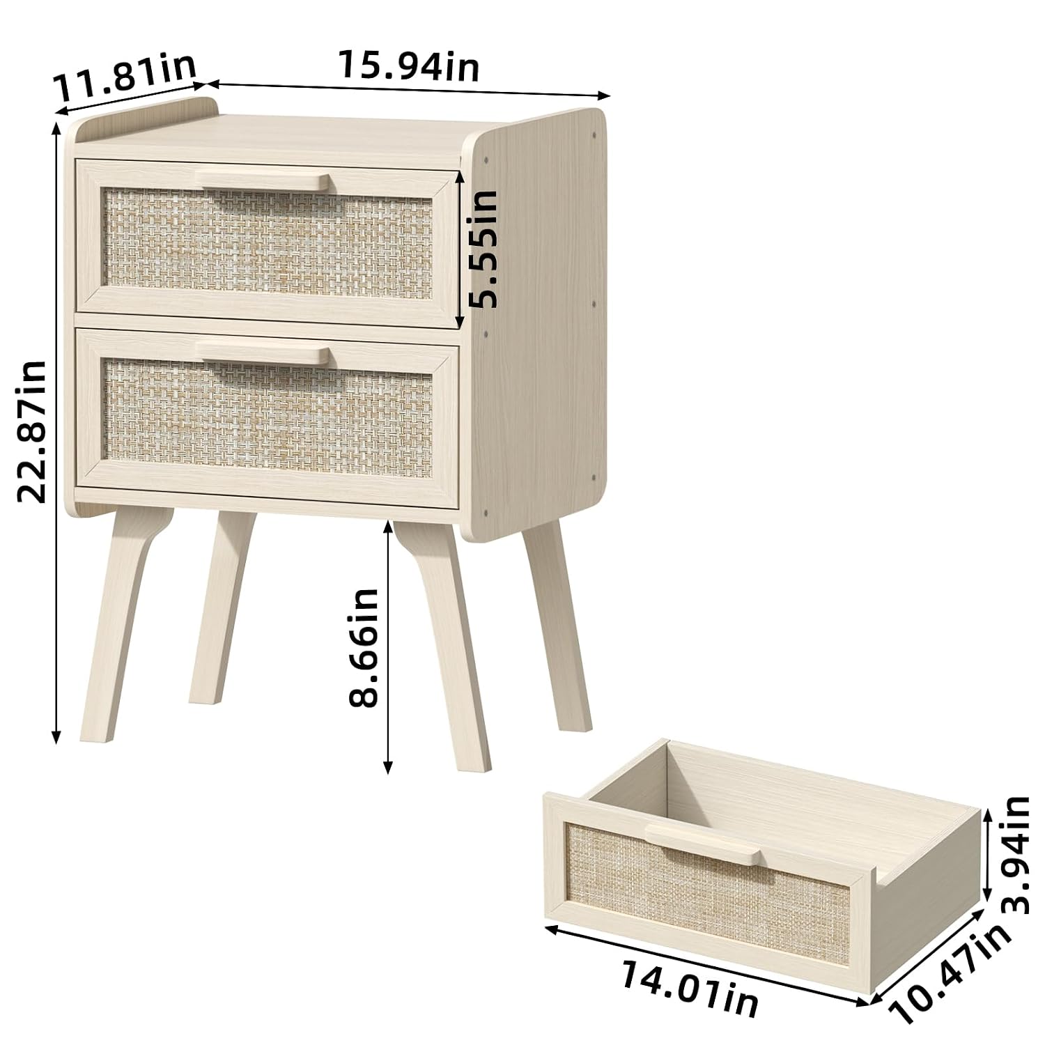 ラタン製ナイトスタンド2個セット、2つの引き出し付きベッドサ - Solid Wood Nightstand 2 Drawers のレビューと価格