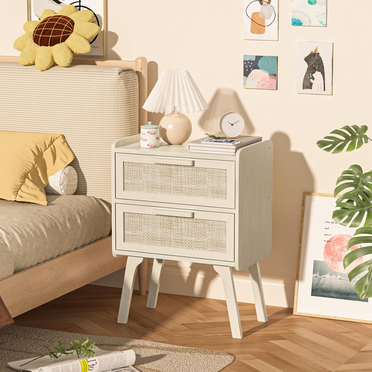 ラタン製ナイトスタンド2個セット、2つの引き出し付きベッドサ - Solid Wood Nightstand 2 Drawers のレビューと価格