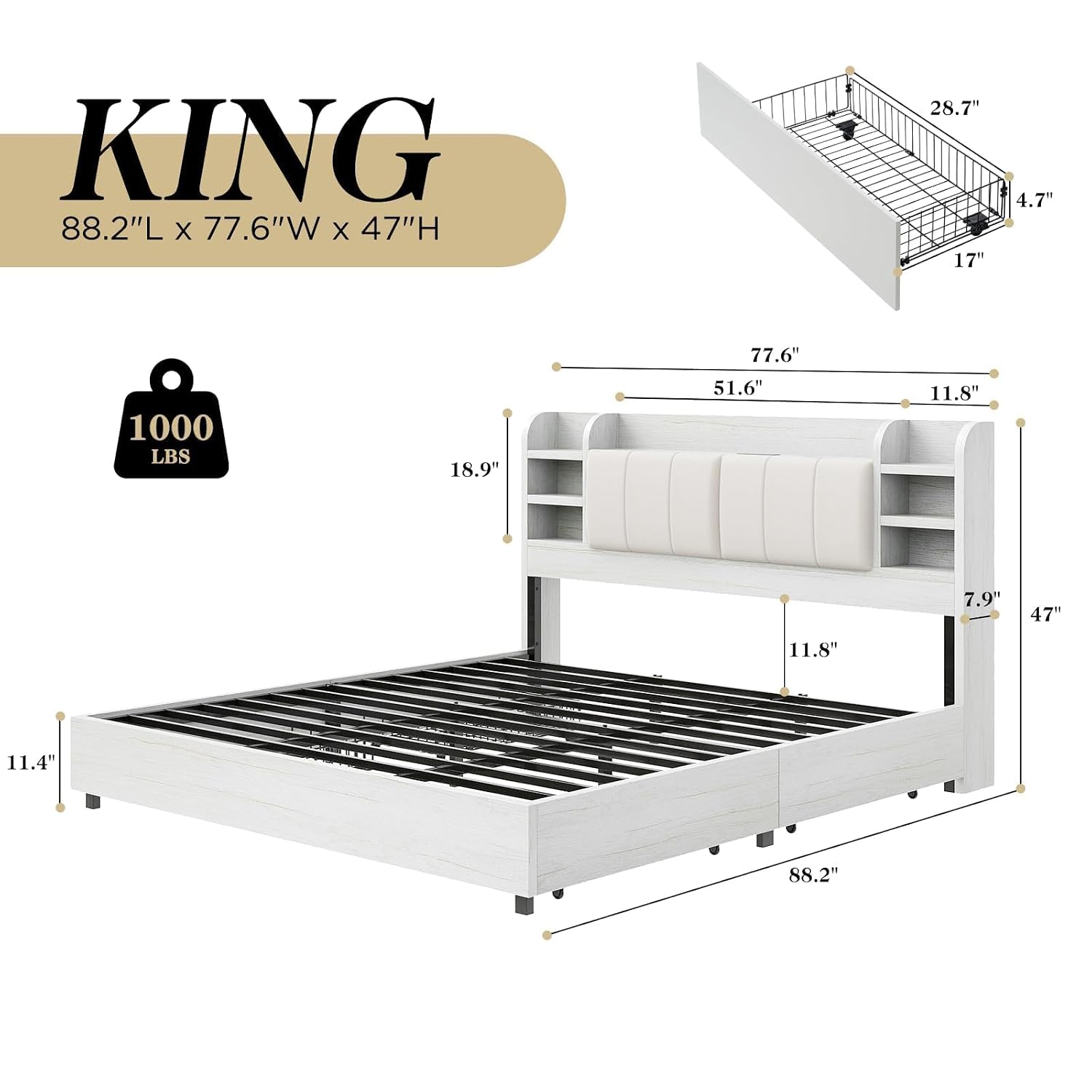 キングサイズ布張りプラットフォームベッド、本棚付きヘッドボー - King Size Bed Frame With Storage Drawers のレビューと価格