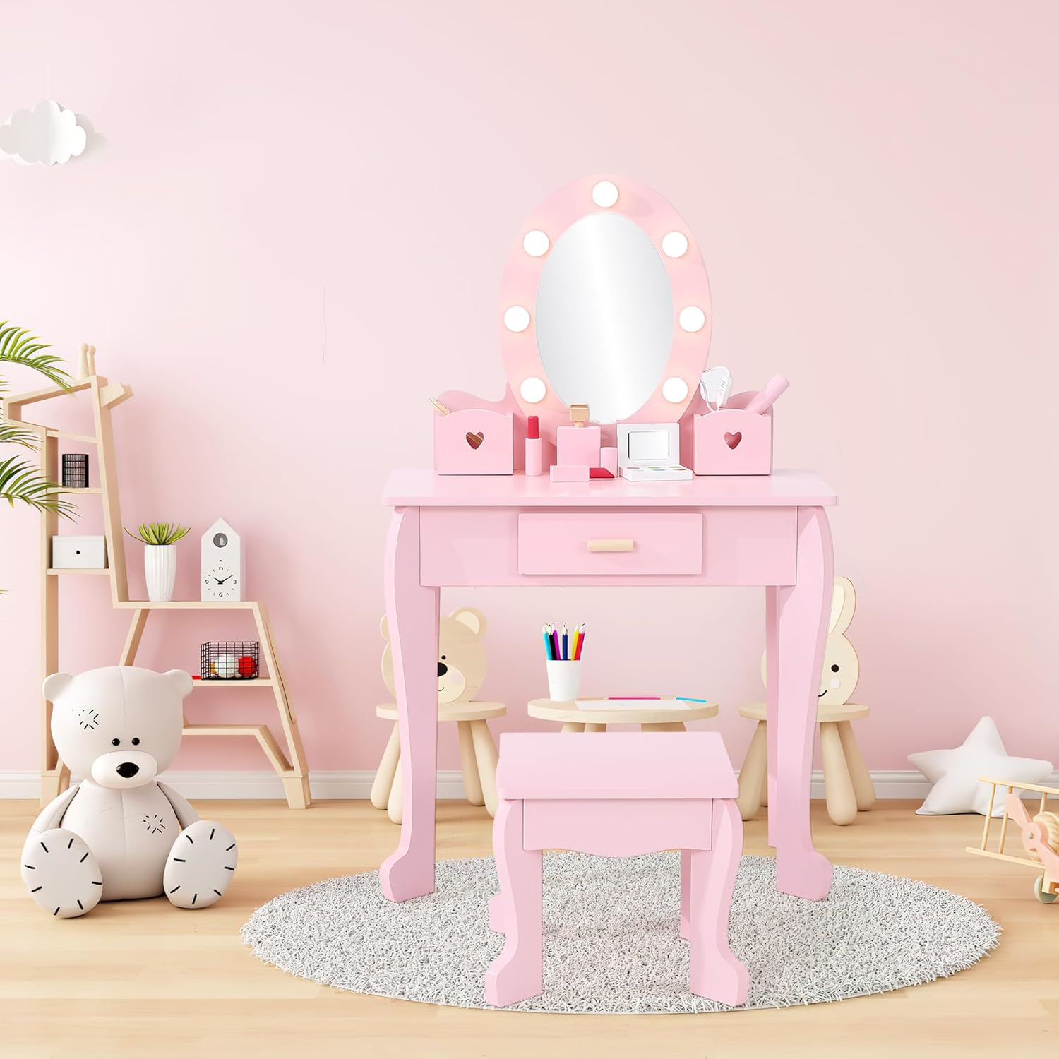子供用ドレッシングテーブルとスツールセット（ライト＆ミラー付 - Dressing Table Vanity With Lighted Mirror のレビューと価格