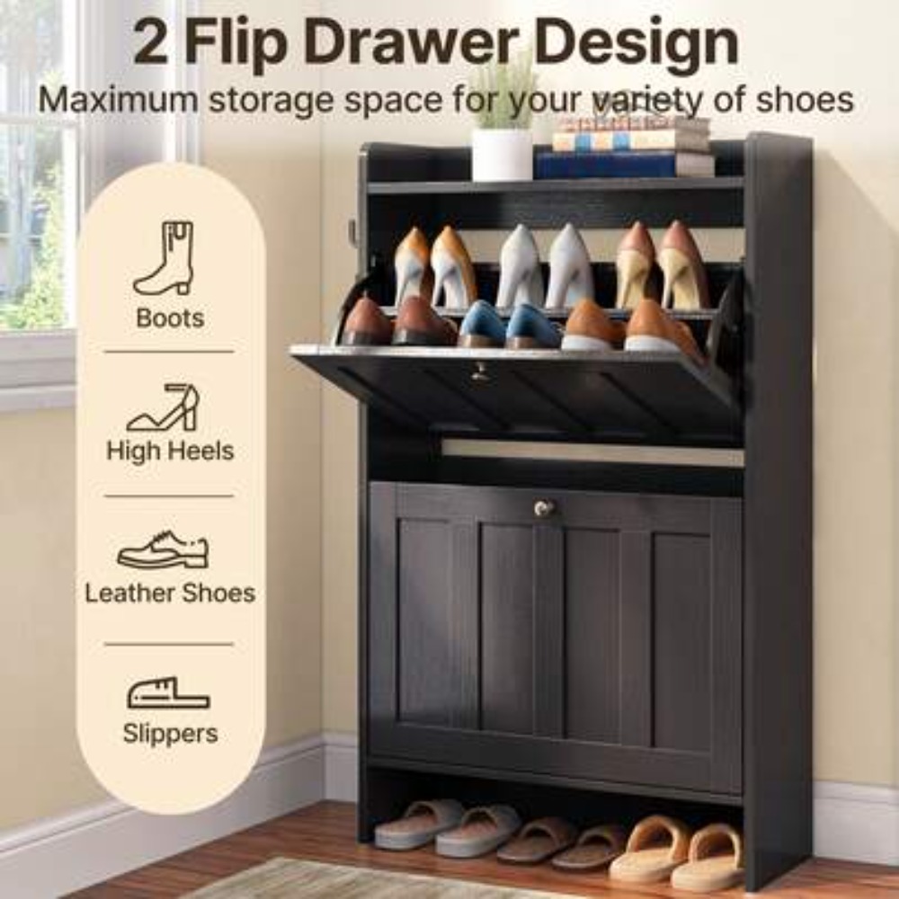 2つのフリップドア付きシューズキャビネット、玄関用シューズオ - Shoe Rack Cabinet Narrow Entryway のレビューと価格