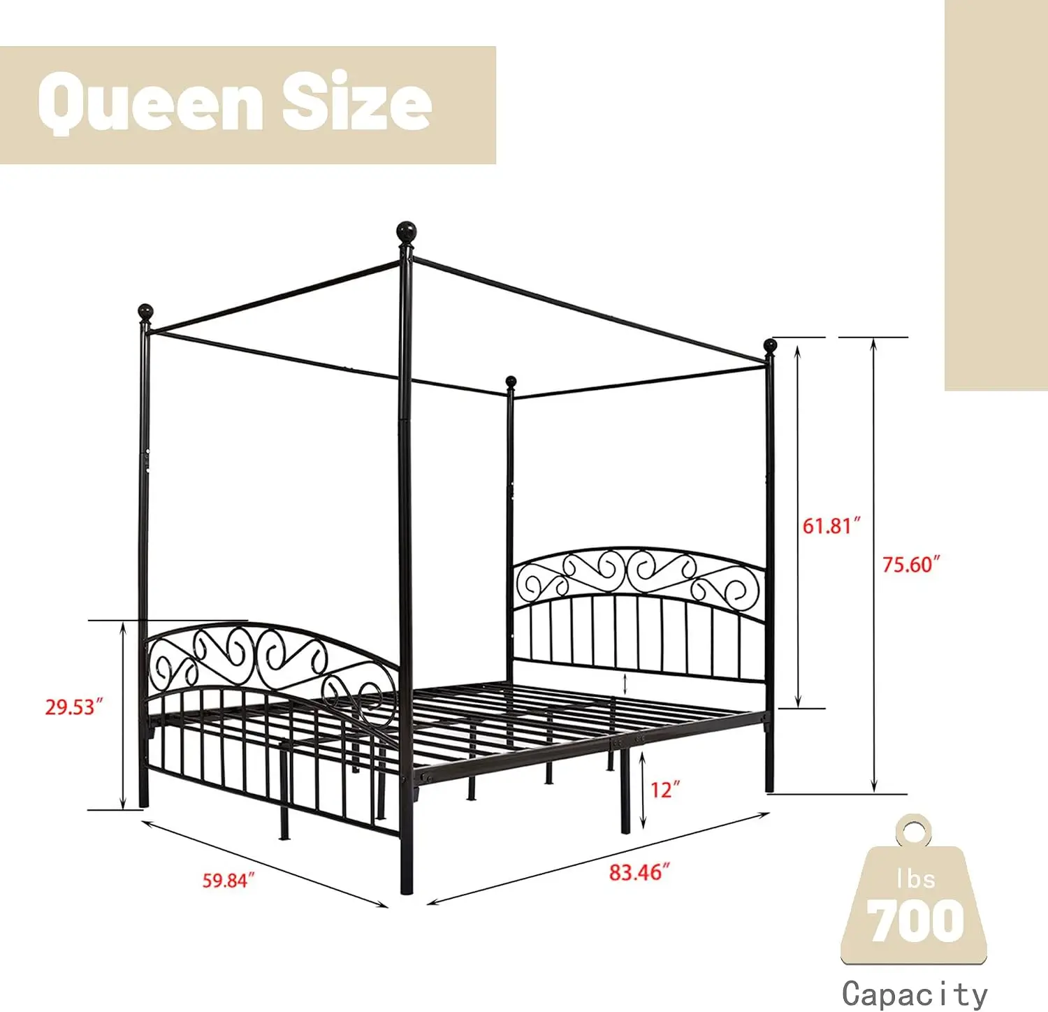 クイーンサイズの天蓋付きベッドフレーム、四柱式メタルプラット - Canopy Bed Frame Metal Queen のレビューと価格
