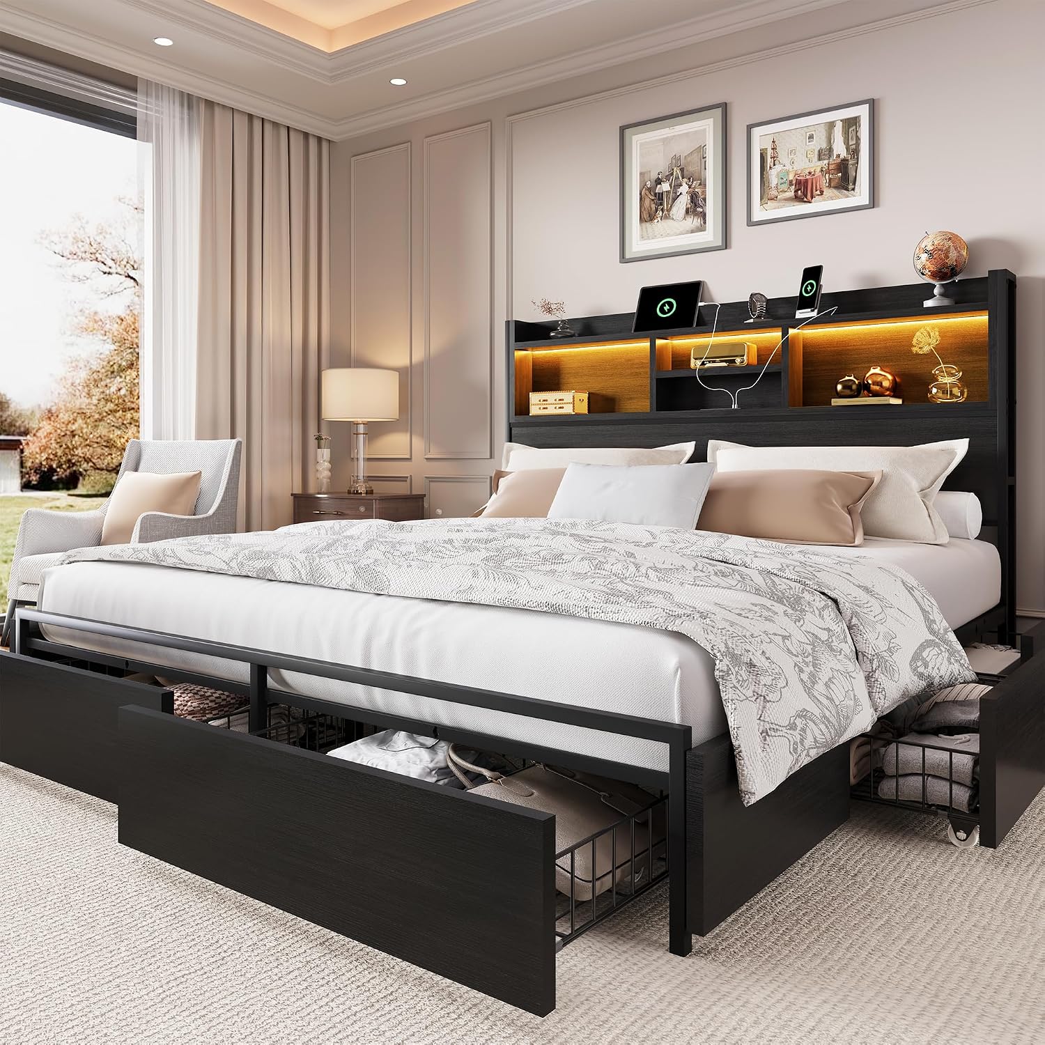 キングサイズベッドフレーム、6つの収納引き出しとヘッドボード - King Size Bed Frame With Storage Drawers のレビューと価格