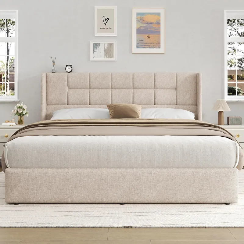 油圧式ガスリフトアップ収納付きリネン張りベッドフレーム - Gas Lift Storage Bed Hydraulic のレビューと価格