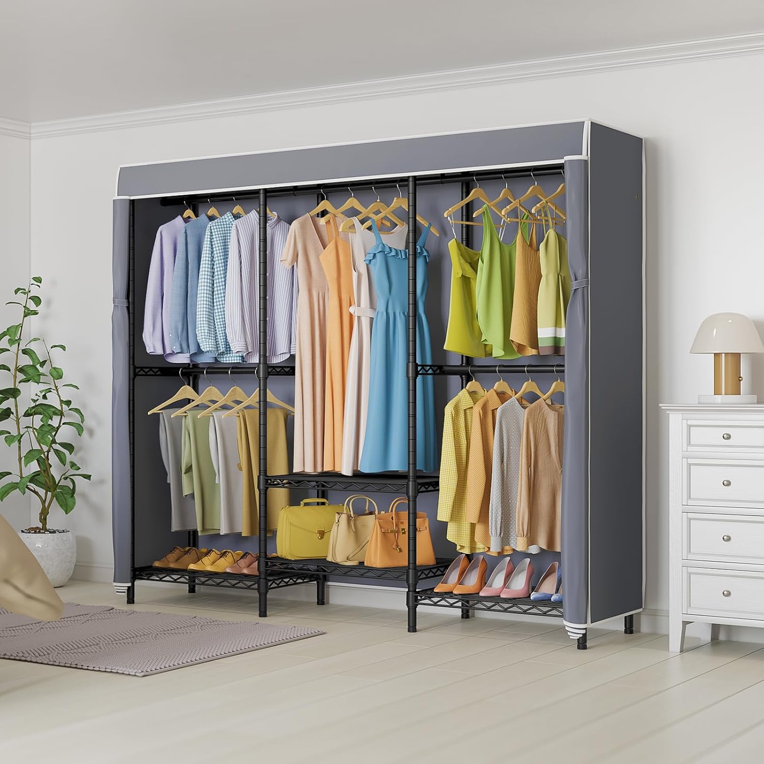 調節可能な棚付きカバー付き衣類ラック、頑丈な自立型ポータブル - Wardrobe Closet Portable Fabric Cover のレビューと価格