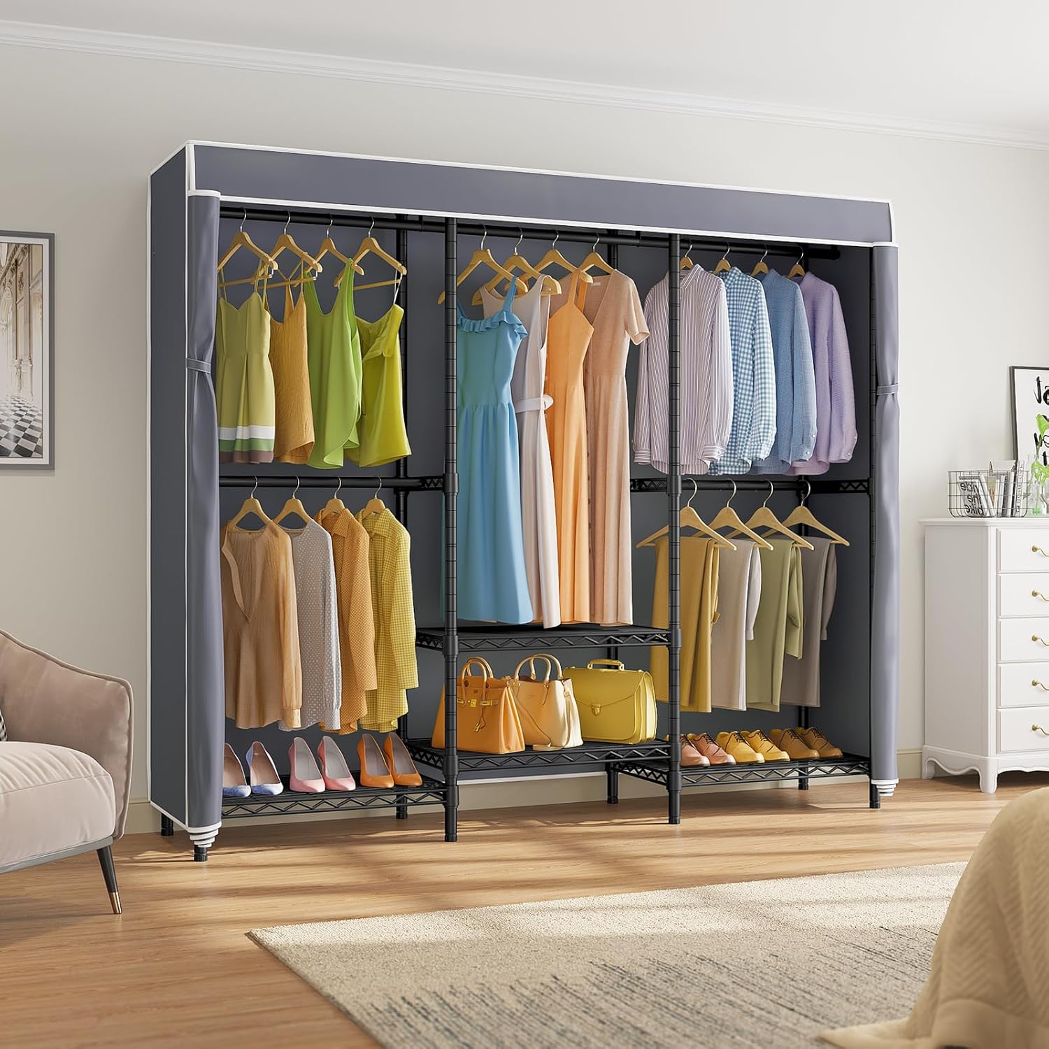 調節可能な棚付きカバー付き衣類ラック、頑丈な自立型ポータブル - Wardrobe Closet Portable Fabric Cover のレビューと価格