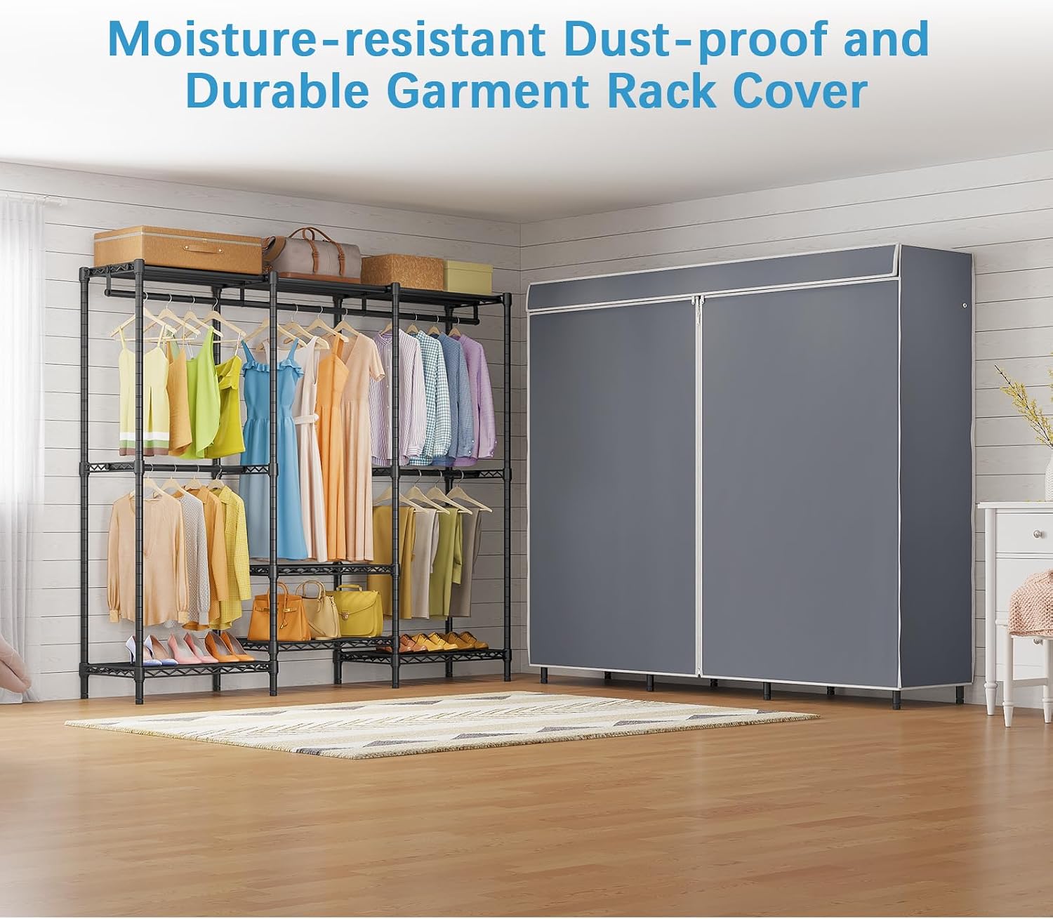 調節可能な棚付きカバー付き衣類ラック、頑丈な自立型ポータブル - Wardrobe Closet Portable Fabric Cover のレビューと価格