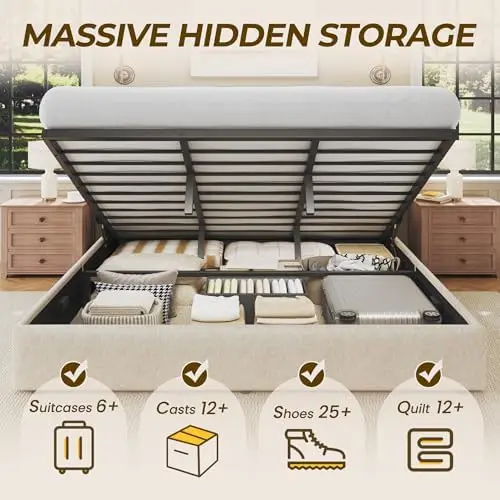 キングサイズのリフトアップ収納ベッドフレーム、ウィングバック - Gas Lift Storage Bed Hydraulic のレビューと価格