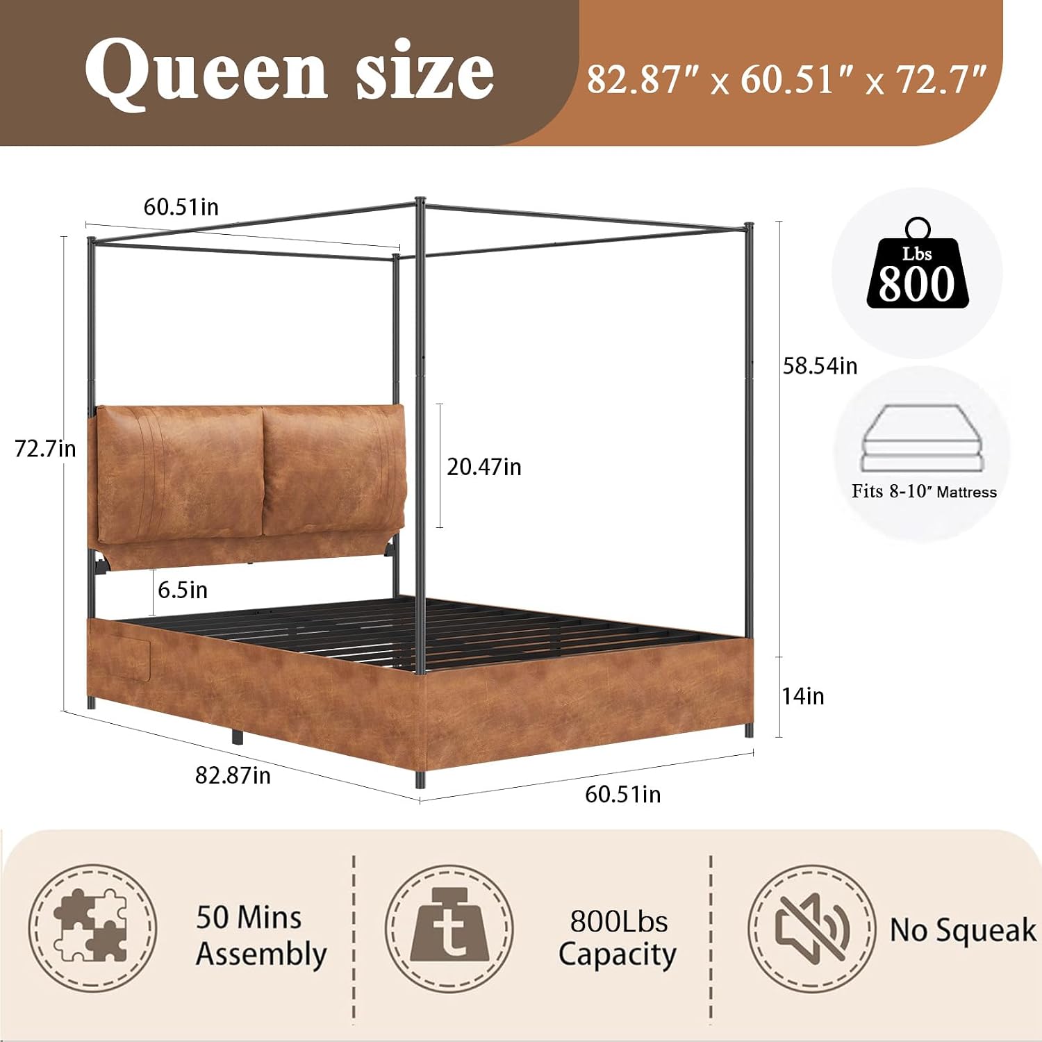 クイーンサイズの天蓋付きベッドフレーム、背の高い布張りフェイ - Canopy Bed Frame Metal Queen のレビューと価格