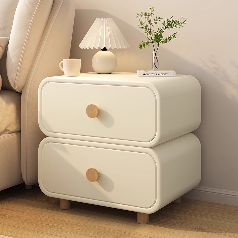 ミニマリストクリームベッドサイドキャビネット丸みを帯びたエッ - Solid Wood Nightstand 2 Drawers のレビューと価格