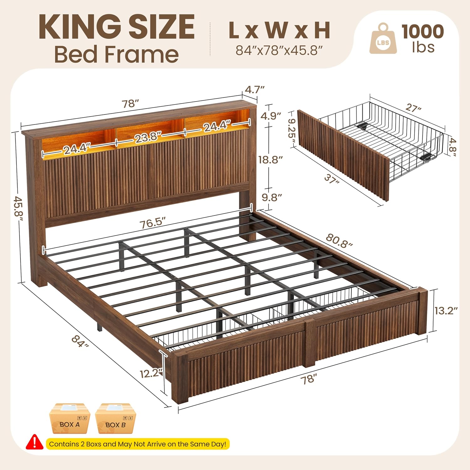 キングサイズベッドフレームとヘッドボード、収納引き出し2つ、 - King Size Bed Frame With Storage Drawers のレビューと価格
