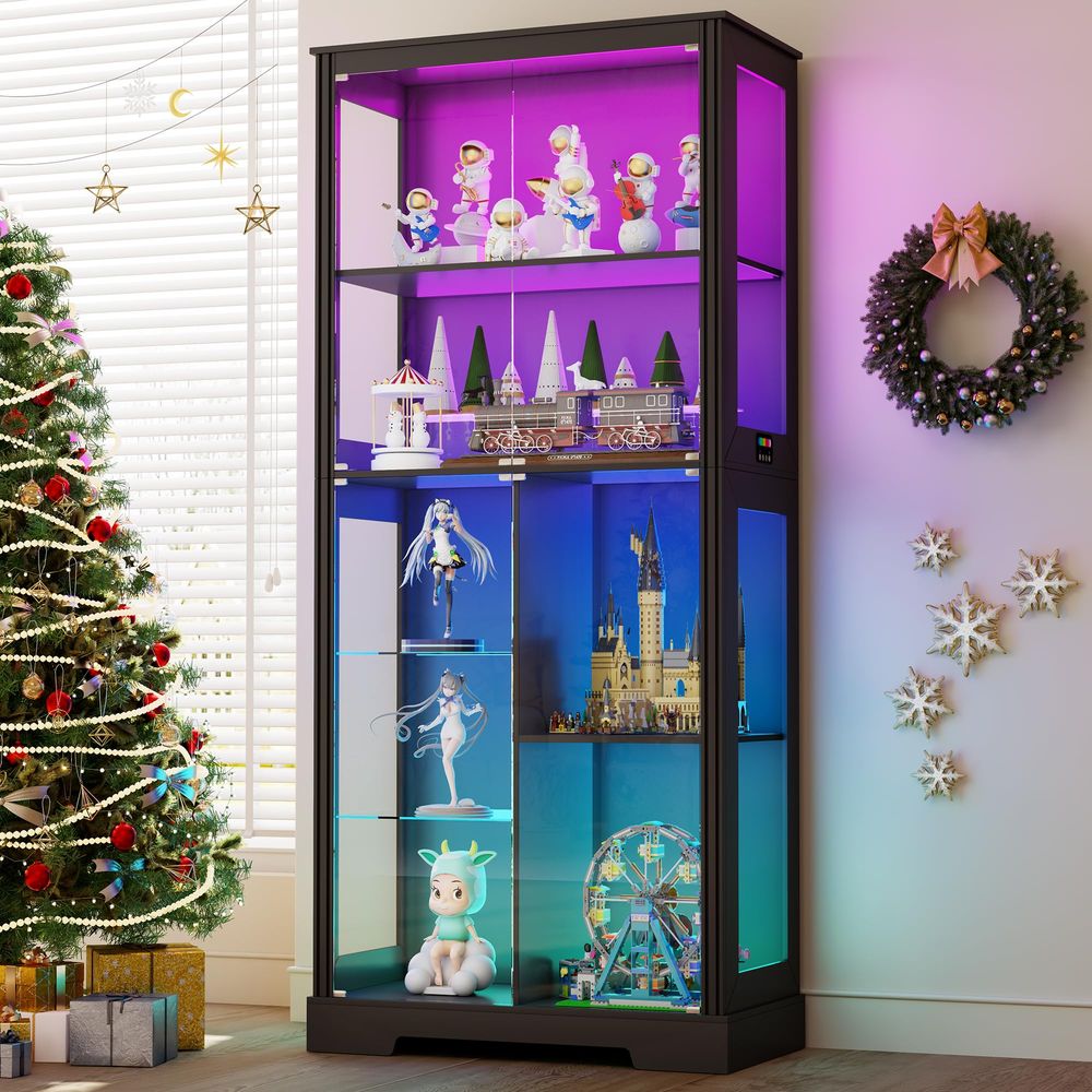 照明付きコーナーディスプレイキュリオキャビネット、木製曲線棚 - Storage のレビューと価格