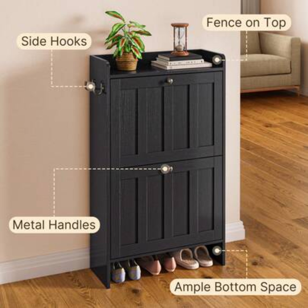 自立型スリムシューズキャビネット、2つのフリップドア付き、玄 - Shoe Rack Cabinet Narrow Entryway のレビューと価格