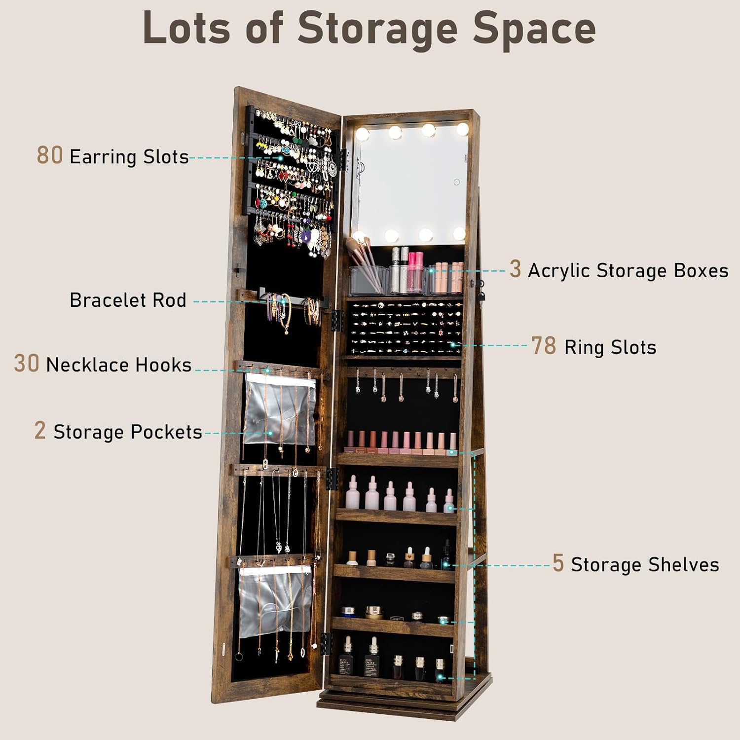 回転式ジュエリーアルモア 全身鏡 照明付きメイクアップミラー - Full Length Mirror Jewelry Armoire のレビューと価格