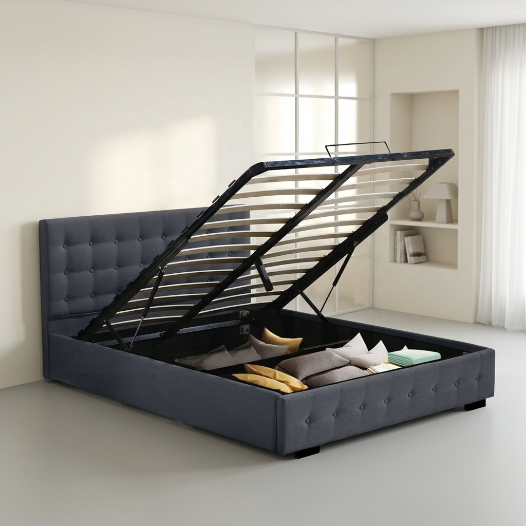 モダンクイーンキングサイズ ベルベット生地 ライトグレー 布 - Gas Lift Storage Bed Hydraulic のレビューと価格
