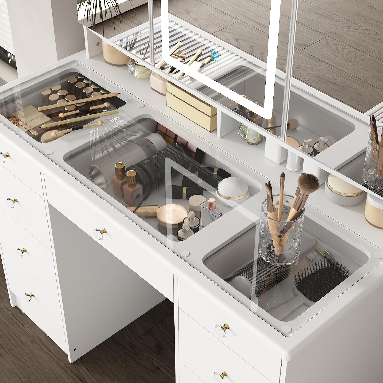 鏡とライト付きの化粧台、大きなガラス天板の化粧台 |   9 - Dressing Table Vanity With Lighted Mirror のレビューと価格