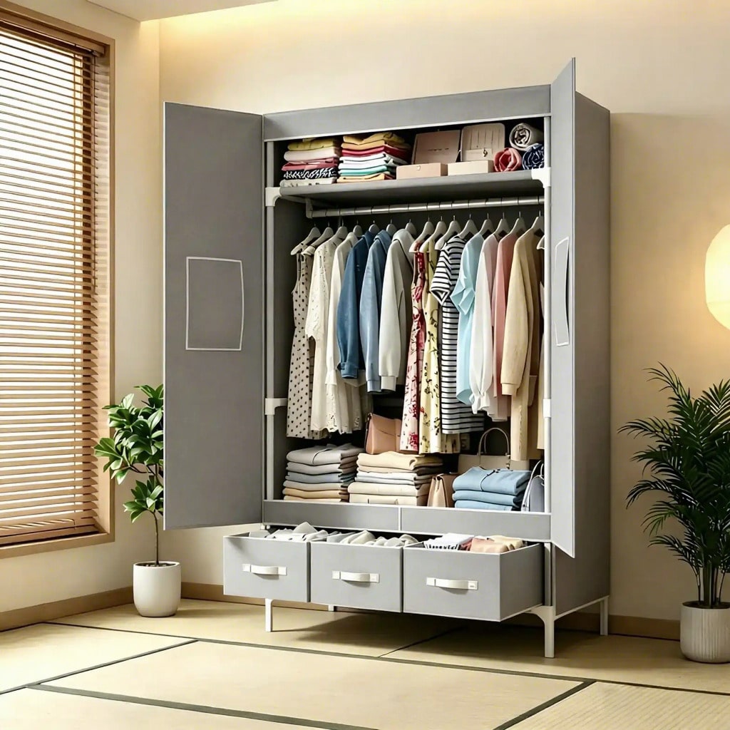 ポータブルクローゼットワードローブ、57.48インチの衣類オ - Wardrobe Closet Portable Fabric Cover のレビューと価格