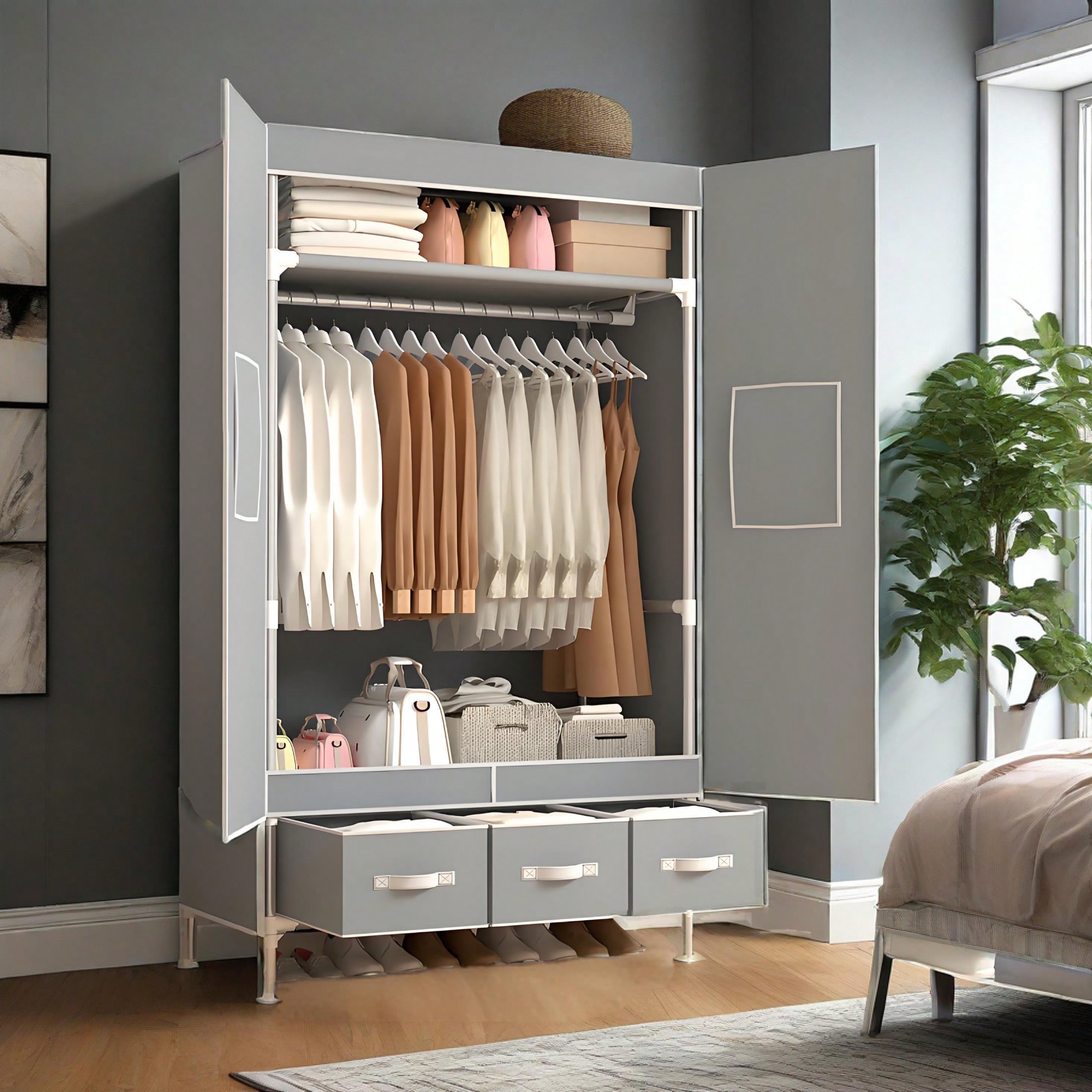 ポータブルクローゼットワードローブ、57.48インチの衣類オ - Wardrobe Closet Portable Fabric Cover のレビューと価格