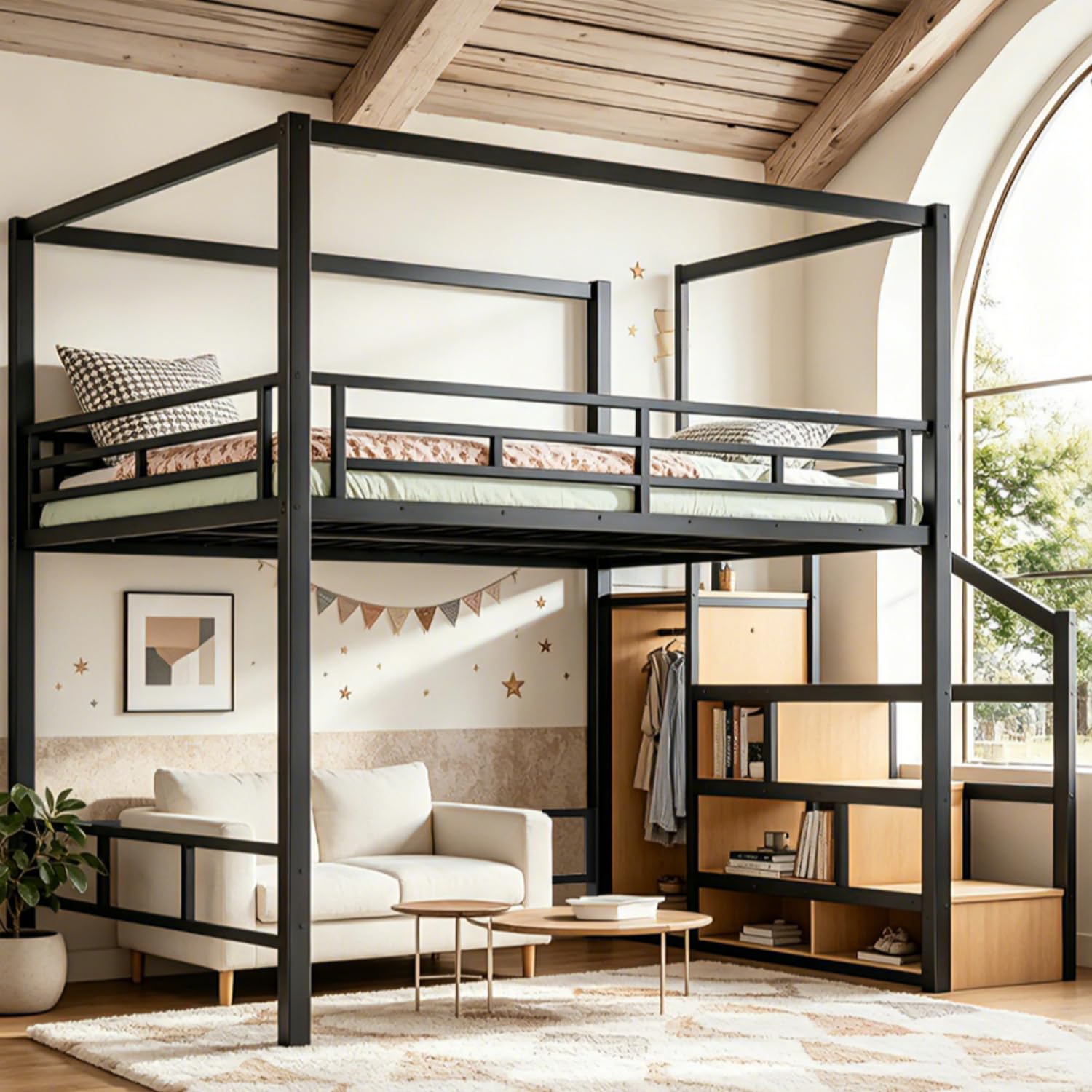 クイーンロフトベッド、収納階段とワードローブ付き、金属製キャ - Canopy Bed Frame Metal Queen のレビューと価格