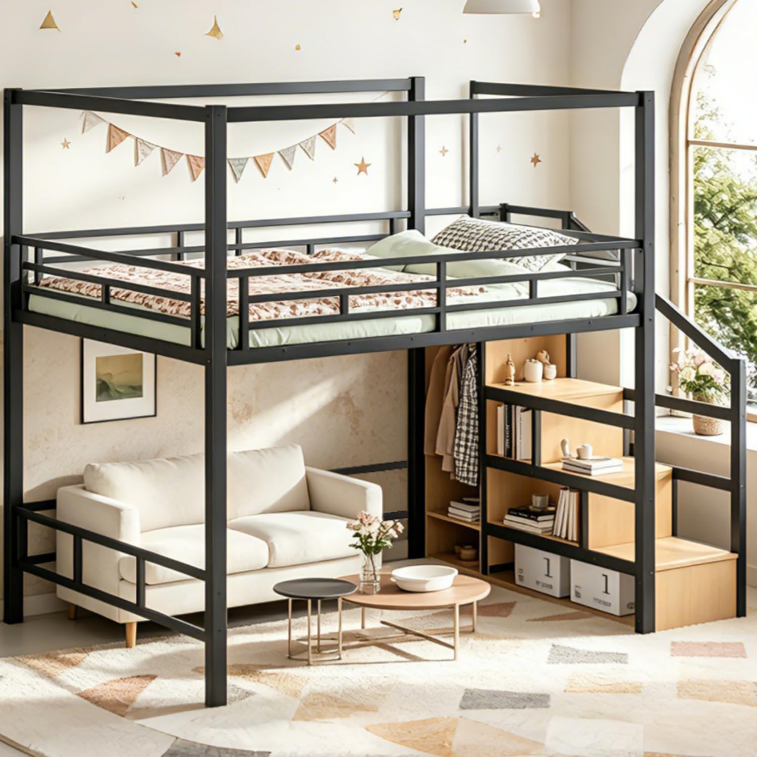 クイーンロフトベッド、収納階段とワードローブ付き、金属製キャ - Canopy Bed Frame Metal Queen のレビューと価格