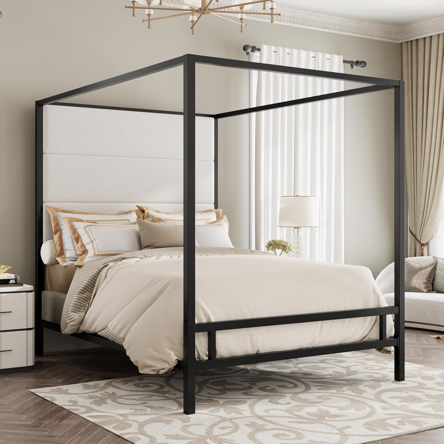 クイーンサイズのキャノピーベッドフレーム、金属製4ポスタータ - Canopy Bed Frame Metal Queen のレビューと価格