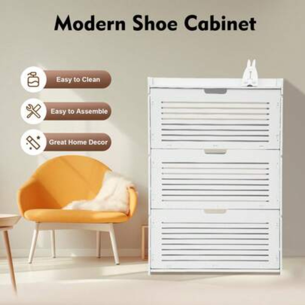 モダンな靴収納キャビネット、3層式フリップアップ式ホワイトシ - Shoe Rack Cabinet Narrow Entryway のレビューと価格