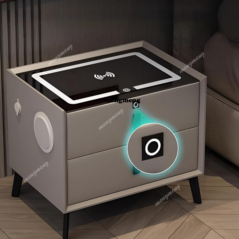 無垢材スマートナイトスタンド ワイヤレス充電機能付き 指紋ロ - Solid Wood Nightstand 2 Drawers のレビューと価格