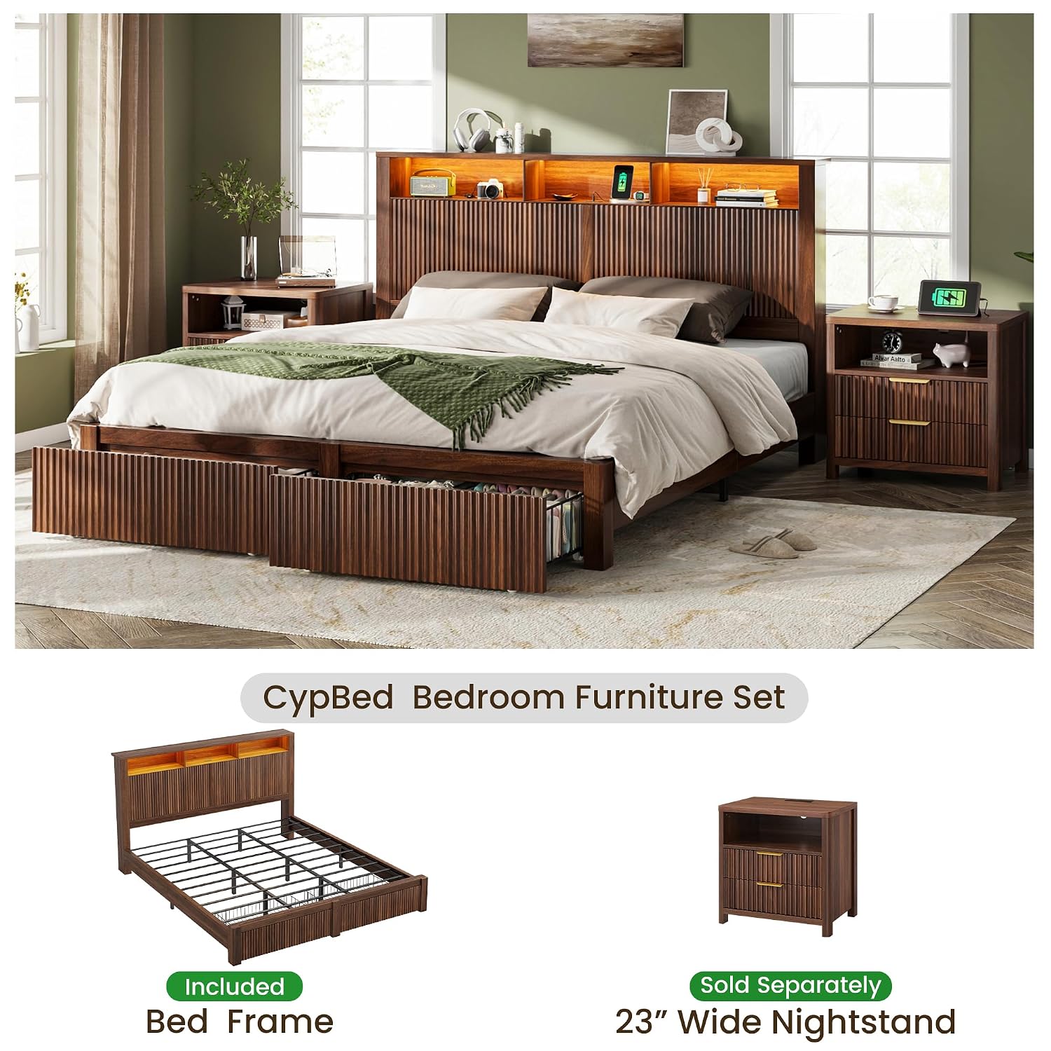 キングサイズベッドフレームとヘッドボード、収納引き出し2つ、 - King Size Bed Frame With Storage Drawers のレビューと価格
