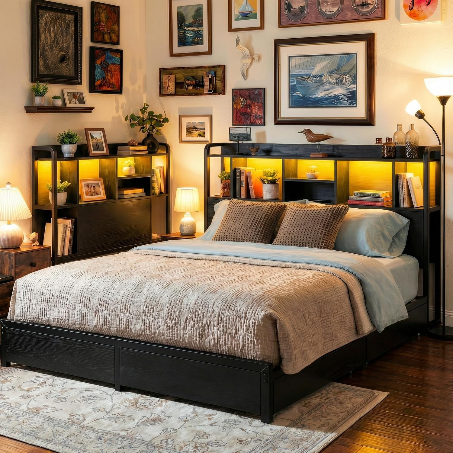 キングサイズベッドフレーム、収納付きヘッドボード、4つの大型 - King Size Bed Frame With Storage Drawers のレビューと価格