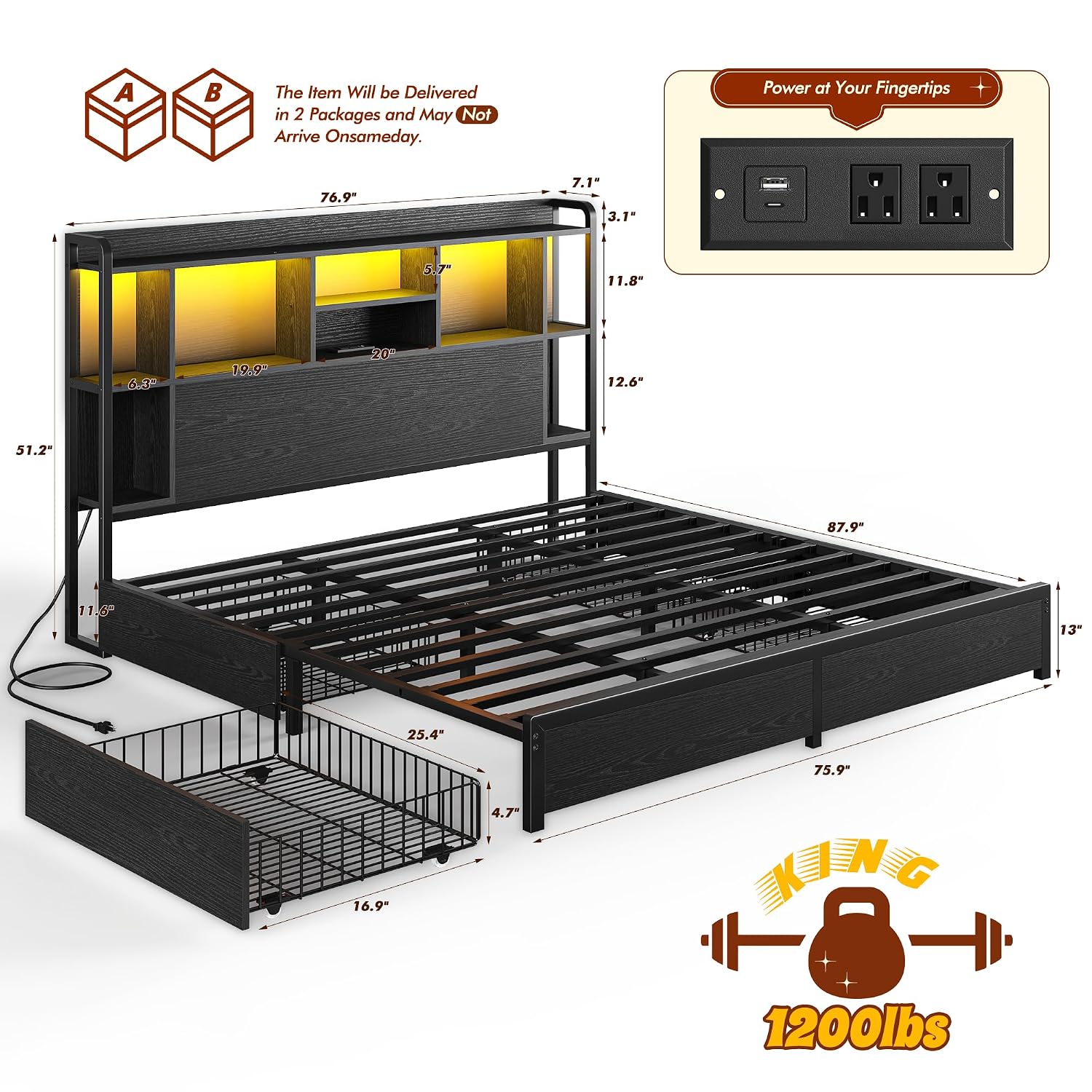 キングサイズベッドフレーム、収納付きヘッドボード、4つの大型 - King Size Bed Frame With Storage Drawers のレビューと価格