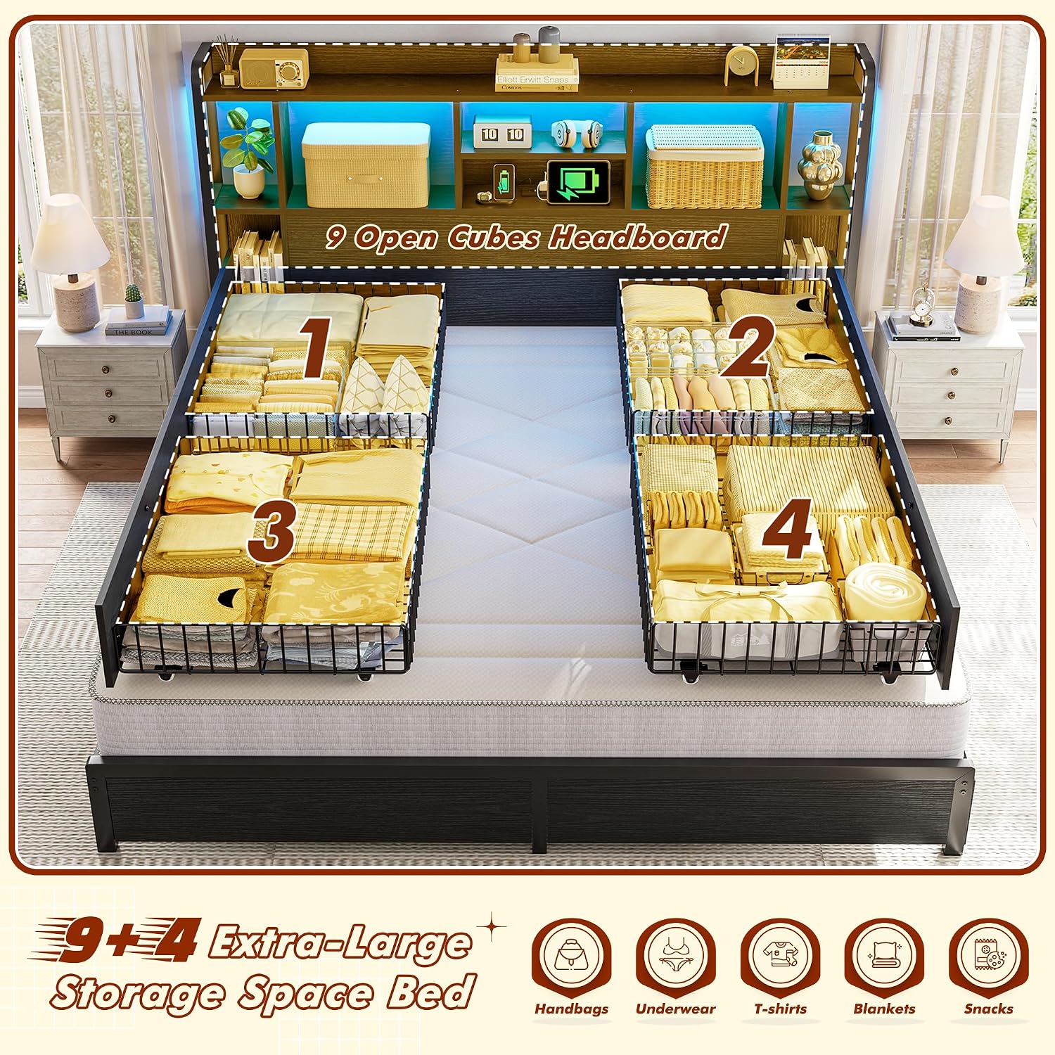 キングサイズベッドフレーム、収納付きヘッドボード、4つの大型 - King Size Bed Frame With Storage Drawers のレビューと価格